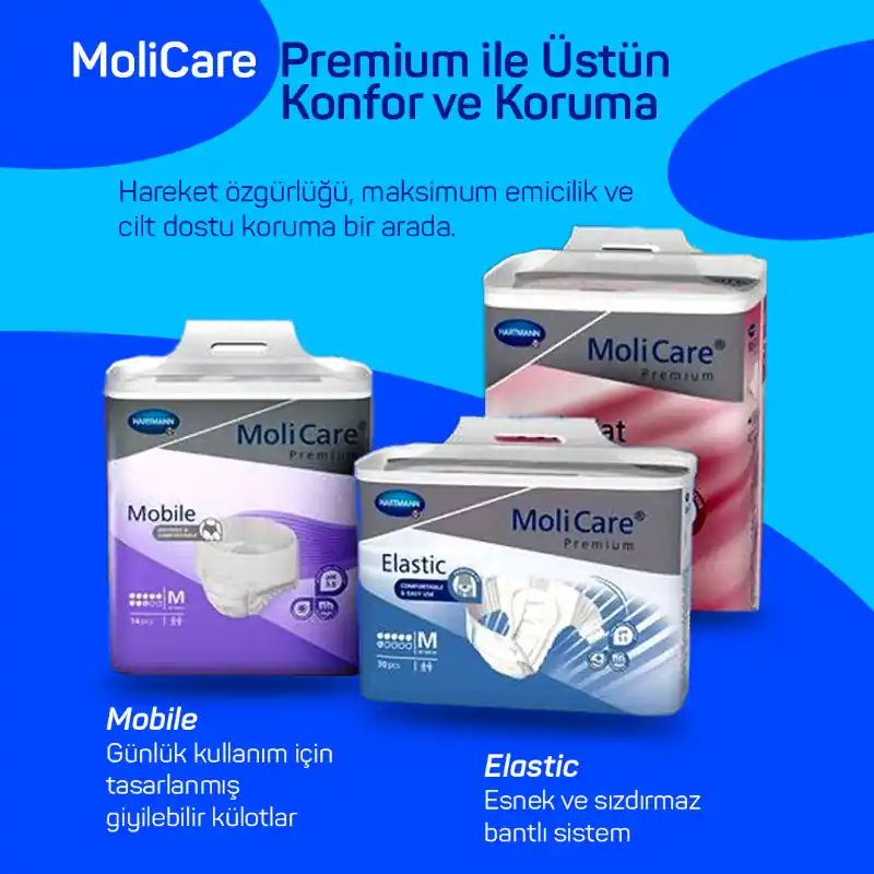Hartmann MoliCare Premium Hasta Bezi – Külot Tipi (Mobile) ve Bel Bantlı (Elastic) Modellerle Maksimum Emicilik ve Cilt Dostu Konfor