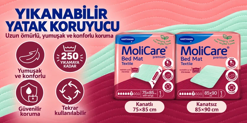 MoliCare Bed Mat Textile yıkanabilir yatak koruyucu, 250 yıkamaya kadar kullanım, kanatlı 75×85 cm ve kanatsız 85×90 cm seçenekleri